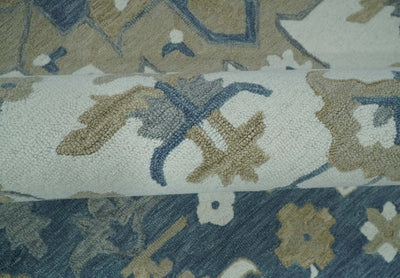 Ivory, Blue and Beige Traditional Floral Medallion Hand Tufted wool Area Rug - The Rug Decor