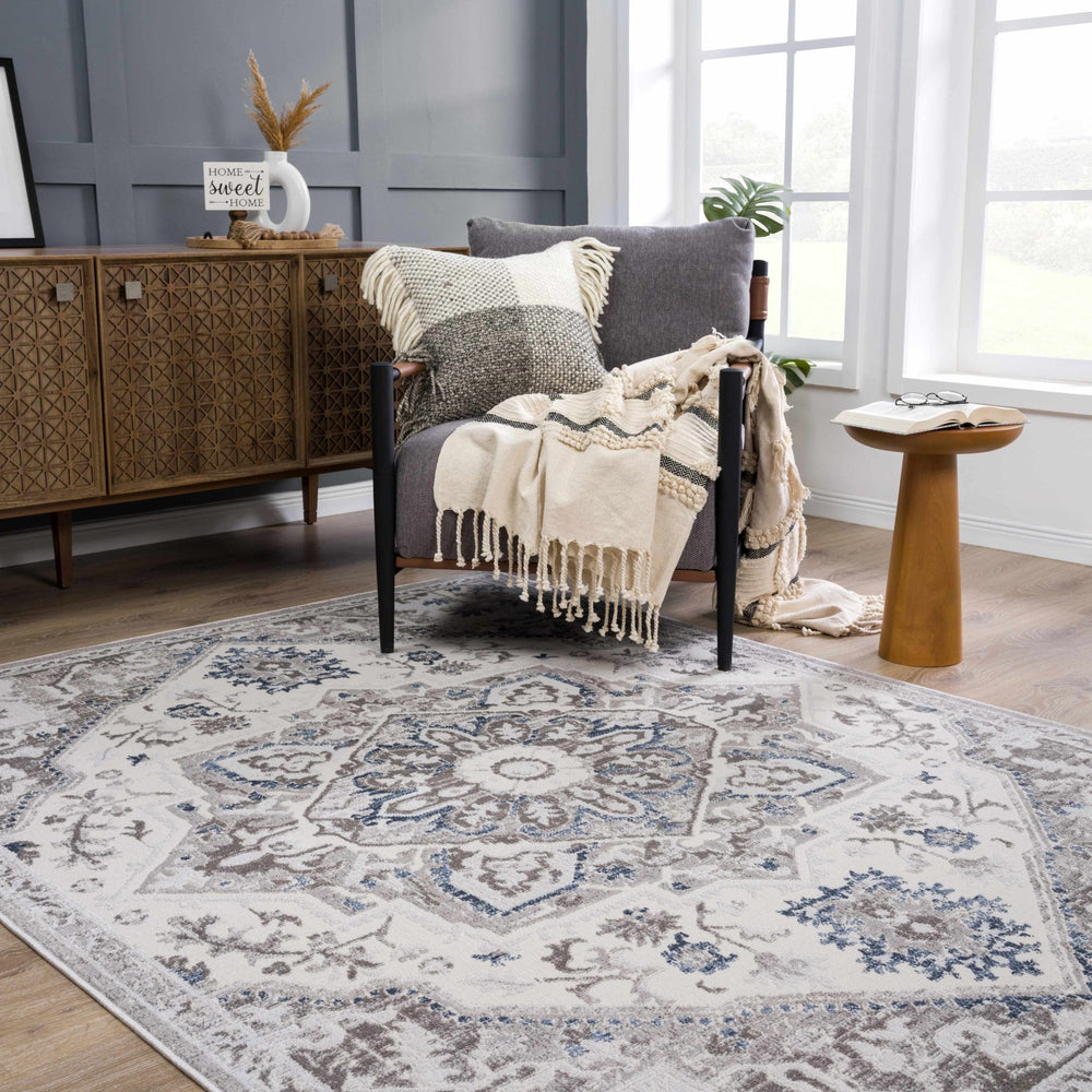 Ivory, Blue and Charcoal Traditional Heriz Design Carved Texture Area Rug - The Rug Decor