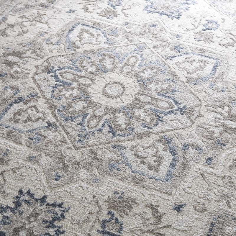 Ivory, Blue and Charcoal Traditional Heriz Design Carved Texture Area Rug - The Rug Decor