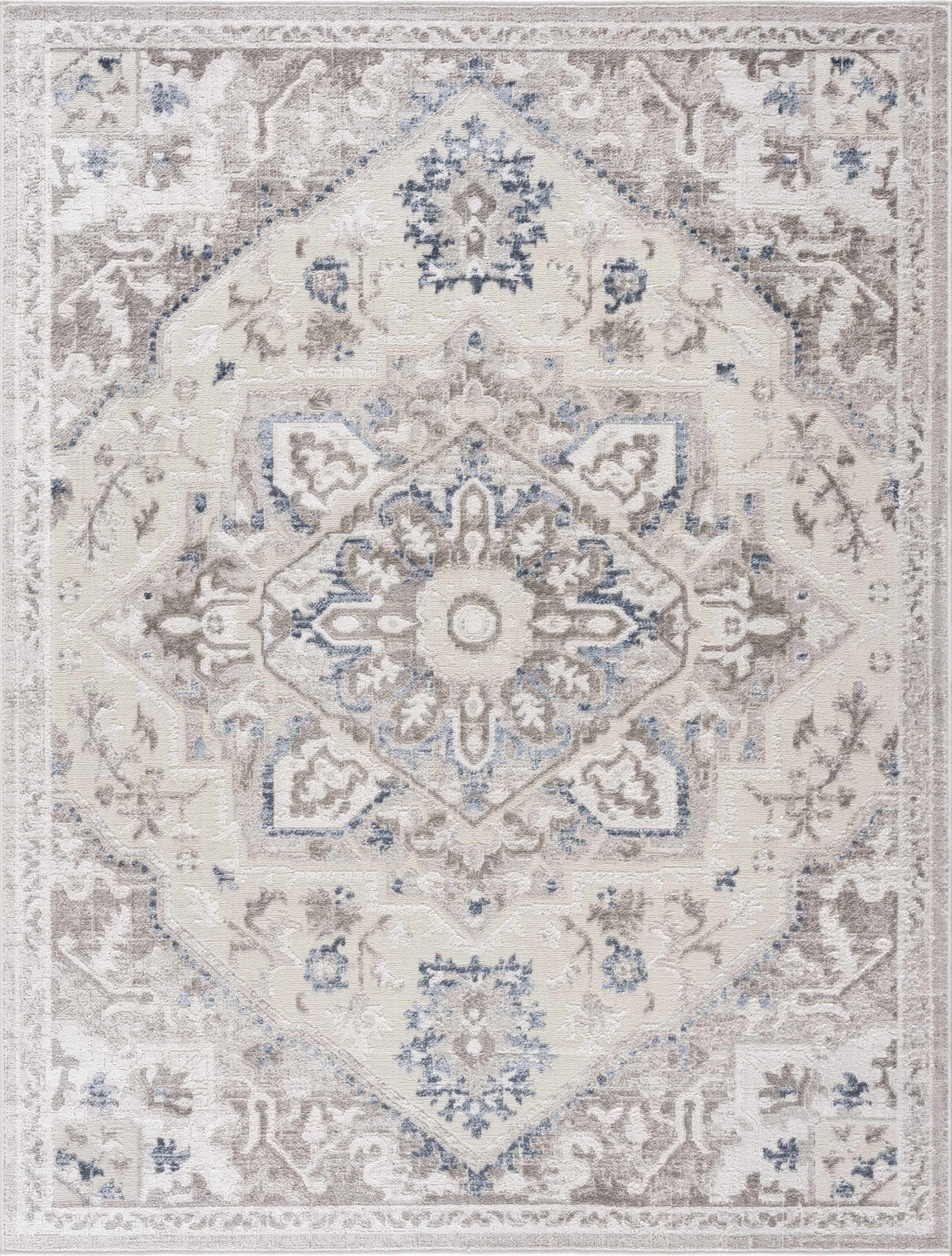 Ivory, Blue and Charcoal Traditional Heriz Design Carved Texture Rug ...