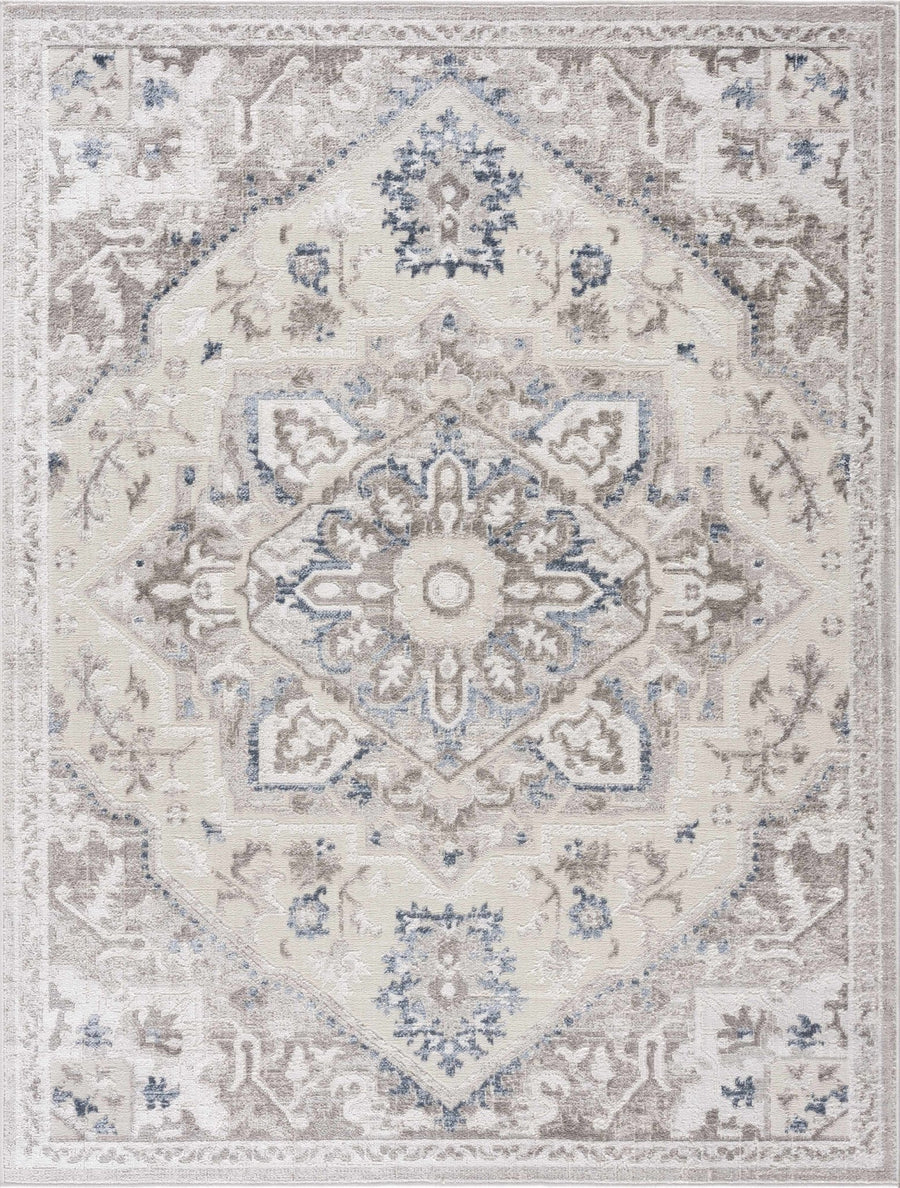 Ivory, Blue and Charcoal Traditional Heriz Design Carved Texture Area Rug - The Rug Decor
