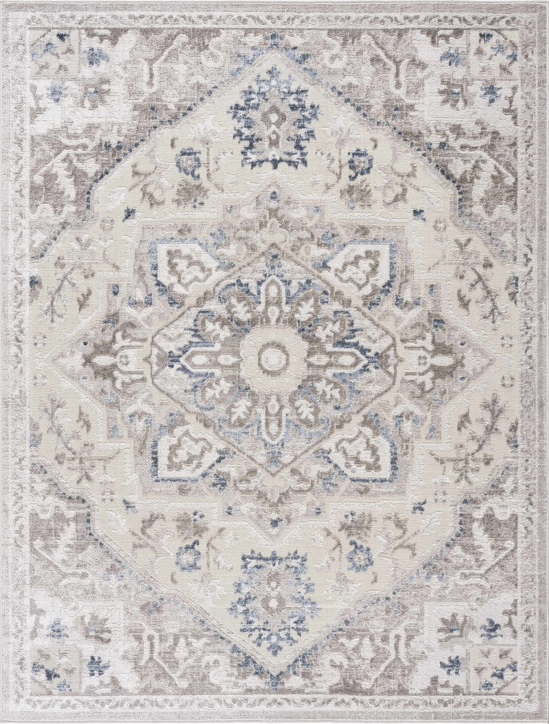 Ivory, Blue and Charcoal Traditional Heriz Design Carved Texture Area Rug - The Rug Decor