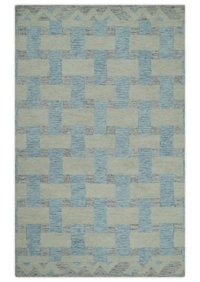 Ivory, Blue and Gray 5x8 Bricks Geometrical Pattern Hand Tufted Wool Area Rug - The Rug Decor