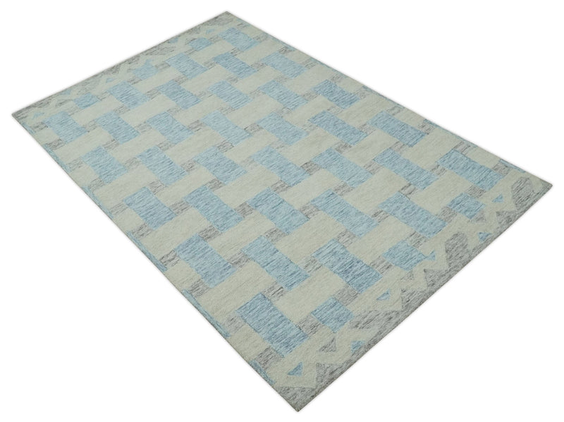 Ivory, Blue and Gray 5x8 Bricks Geometrical Pattern Hand Tufted Wool Area Rug - The Rug Decor