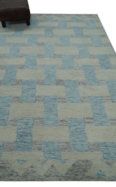 Ivory, Blue and Gray 5x8 Bricks Geometrical Pattern Hand Tufted Wool Area Rug - The Rug Decor