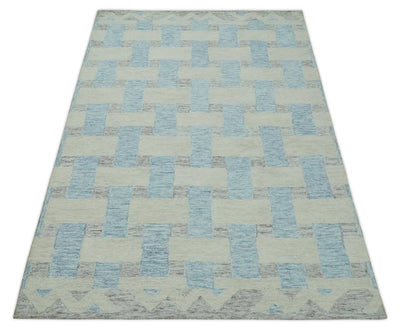 Ivory, Blue and Gray 5x8 Bricks Geometrical Pattern Hand Tufted Wool Area Rug - The Rug Decor