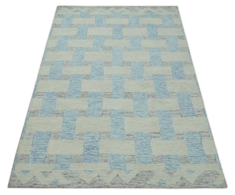 Ivory, Blue and Gray 5x8 Bricks Geometrical Pattern Hand Tufted Wool Area Rug - The Rug Decor