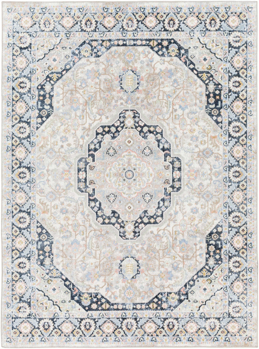 Ivory, Blue and Silver Low Pile Oriental Design Washable Area Rug - The Rug Decor