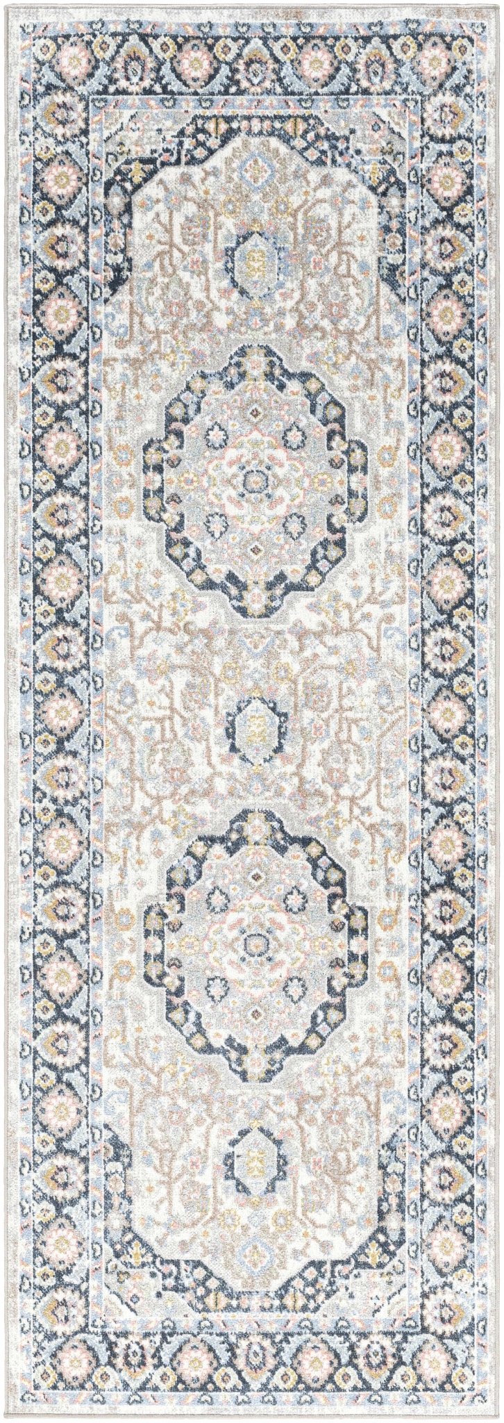Ivory, Blue and Silver Low Pile Oriental Design Washable Area Rug - The Rug Decor