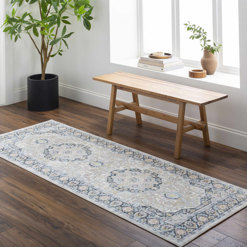 Ivory, Blue and Silver Low Pile Oriental Design Washable Area Rug - The Rug Decor
