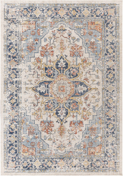Ivory, Blue, Rust and Mustard Traditional Medallion Outdoor Safe Area Rug - The Rug Decor