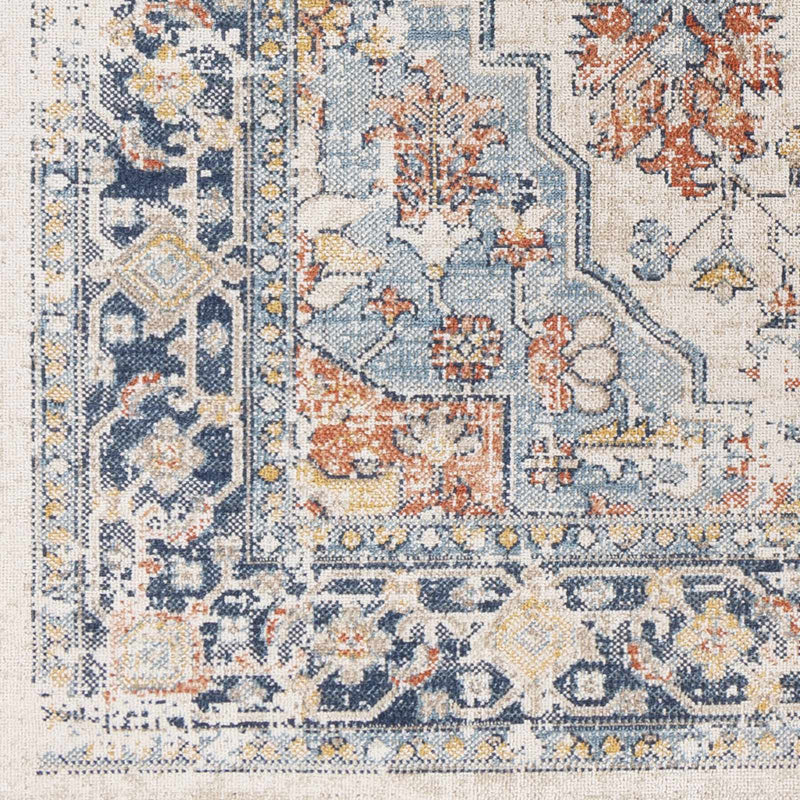 Ivory, Blue, Rust and Mustard Traditional Medallion Outdoor Safe Area Rug - The Rug Decor