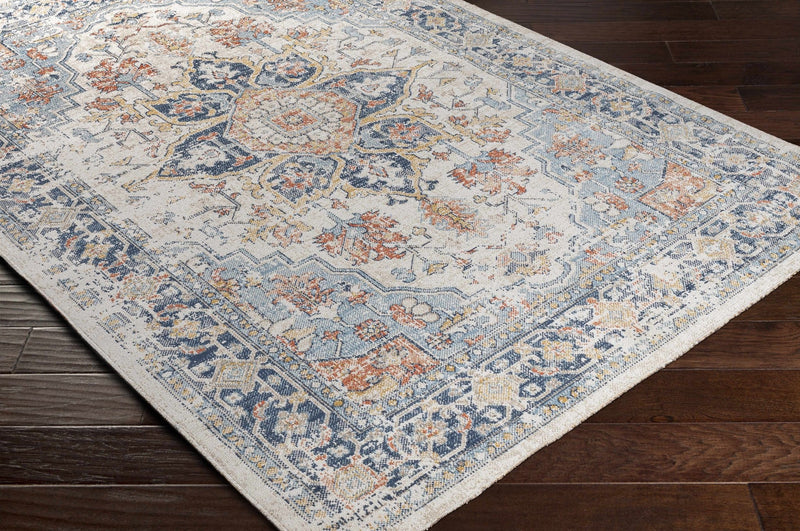 Ivory, Blue, Rust and Mustard Traditional Medallion Outdoor Safe Area Rug - The Rug Decor