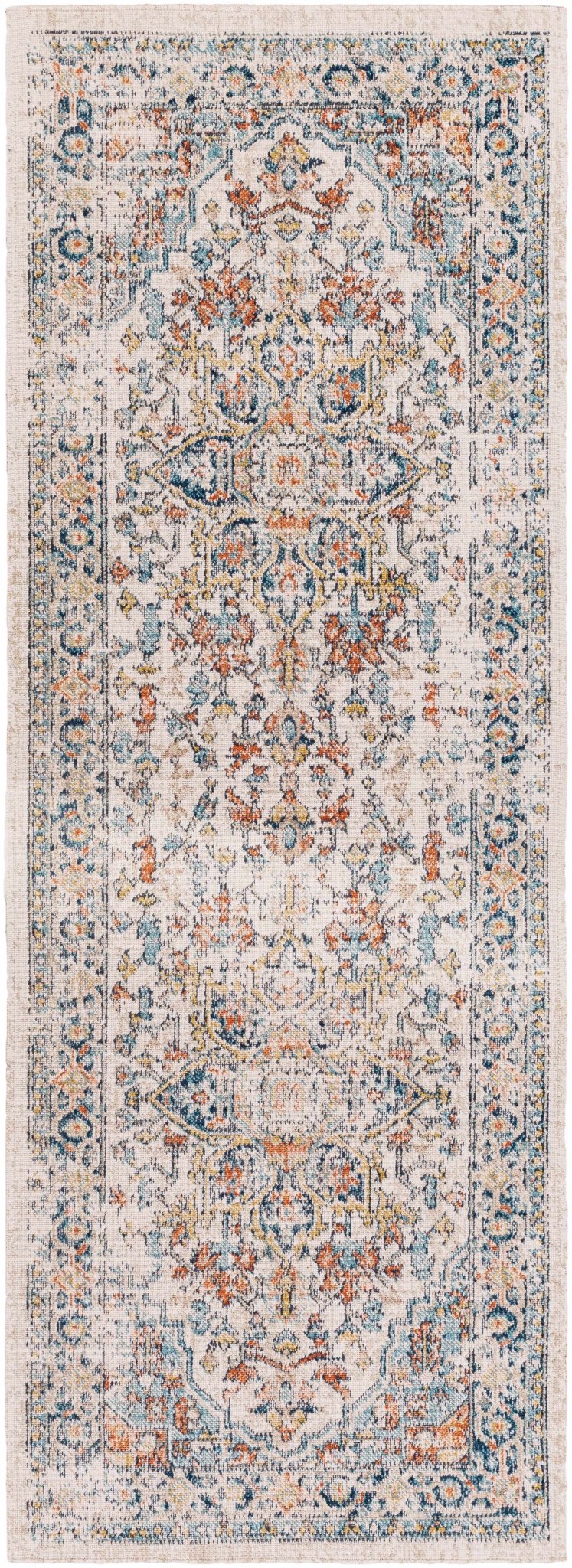 Ivory, Blue, Rust and Mustard Traditional Medallion Outdoor Safe Area Rug - The Rug Decor