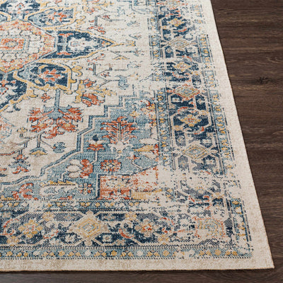 Ivory, Blue, Rust and Mustard Traditional Medallion Outdoor Safe Area Rug - The Rug Decor