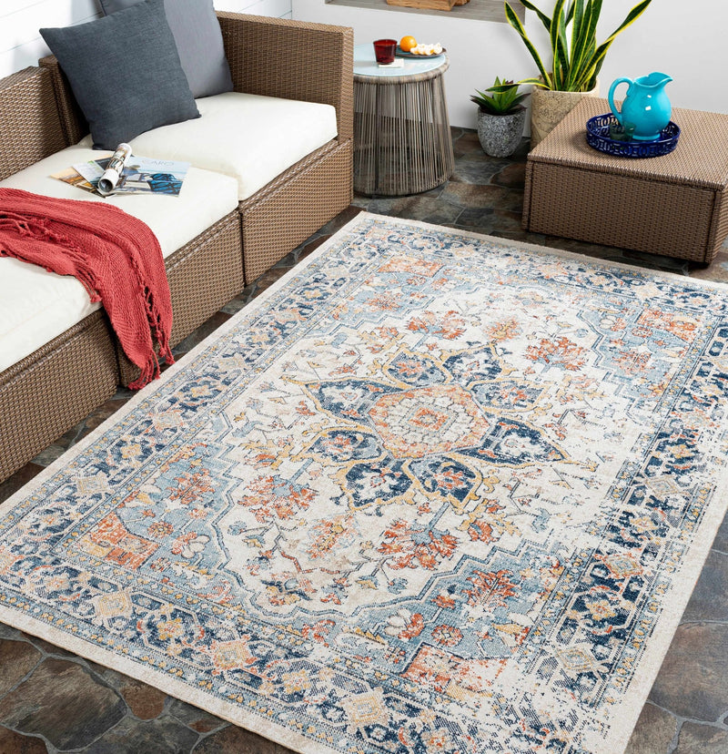 Ivory, Blue, Rust and Mustard Traditional Medallion Outdoor Safe Area Rug - The Rug Decor