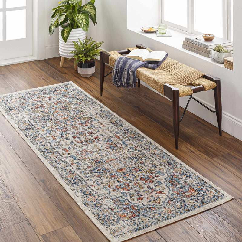 Ivory, Blue, Rust and Mustard Traditional Medallion Outdoor Safe Area Rug - The Rug Decor