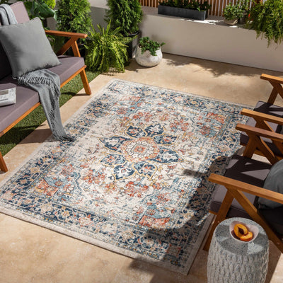 Ivory, Blue, Rust and Mustard Traditional Medallion Outdoor Safe Area Rug - The Rug Decor