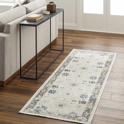 Ivory, Brown and Accent Blue Machine Woven Traditional Oushak Design Machine Washable Rug - The Rug Decor