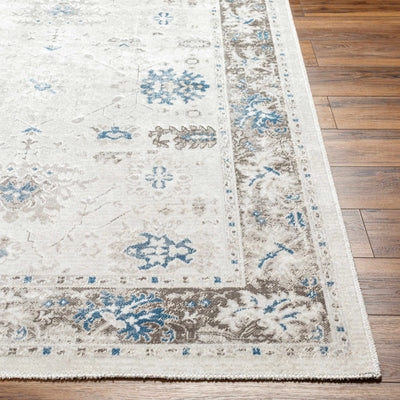 Ivory, Brown and Accent Blue Machine Woven Traditional Oushak Design Machine Washable Rug - The Rug Decor