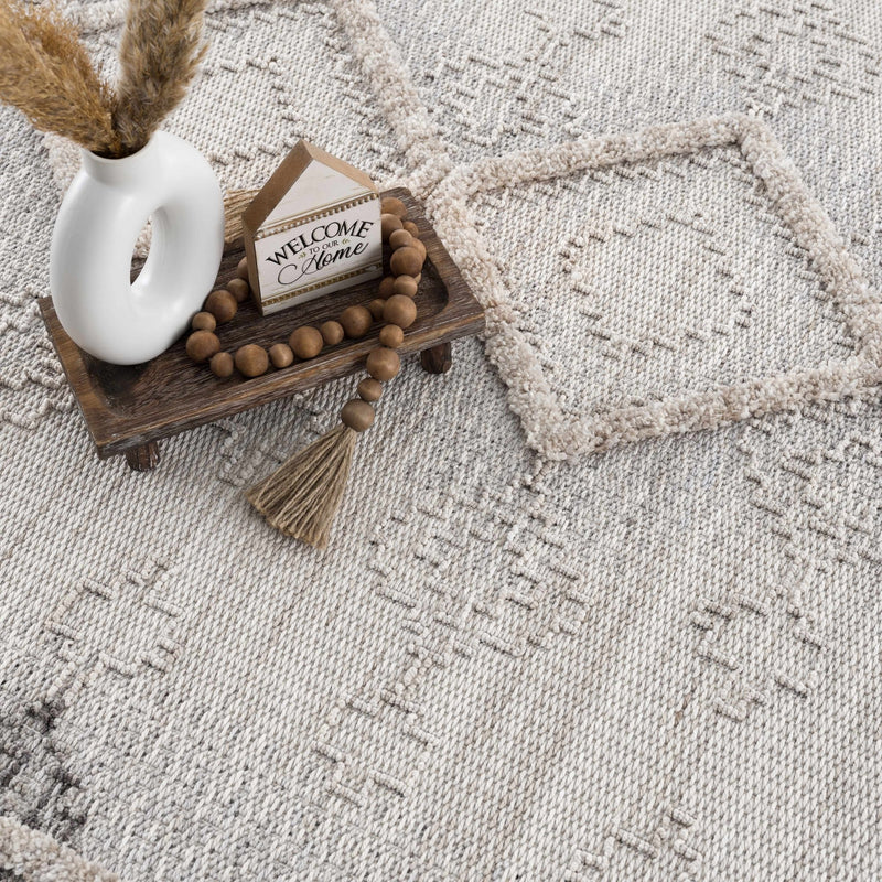 Ivory, Brown and charcoal Flatwoven Knit design Geometrical Carved Texture Area Rug - The Rug Decor