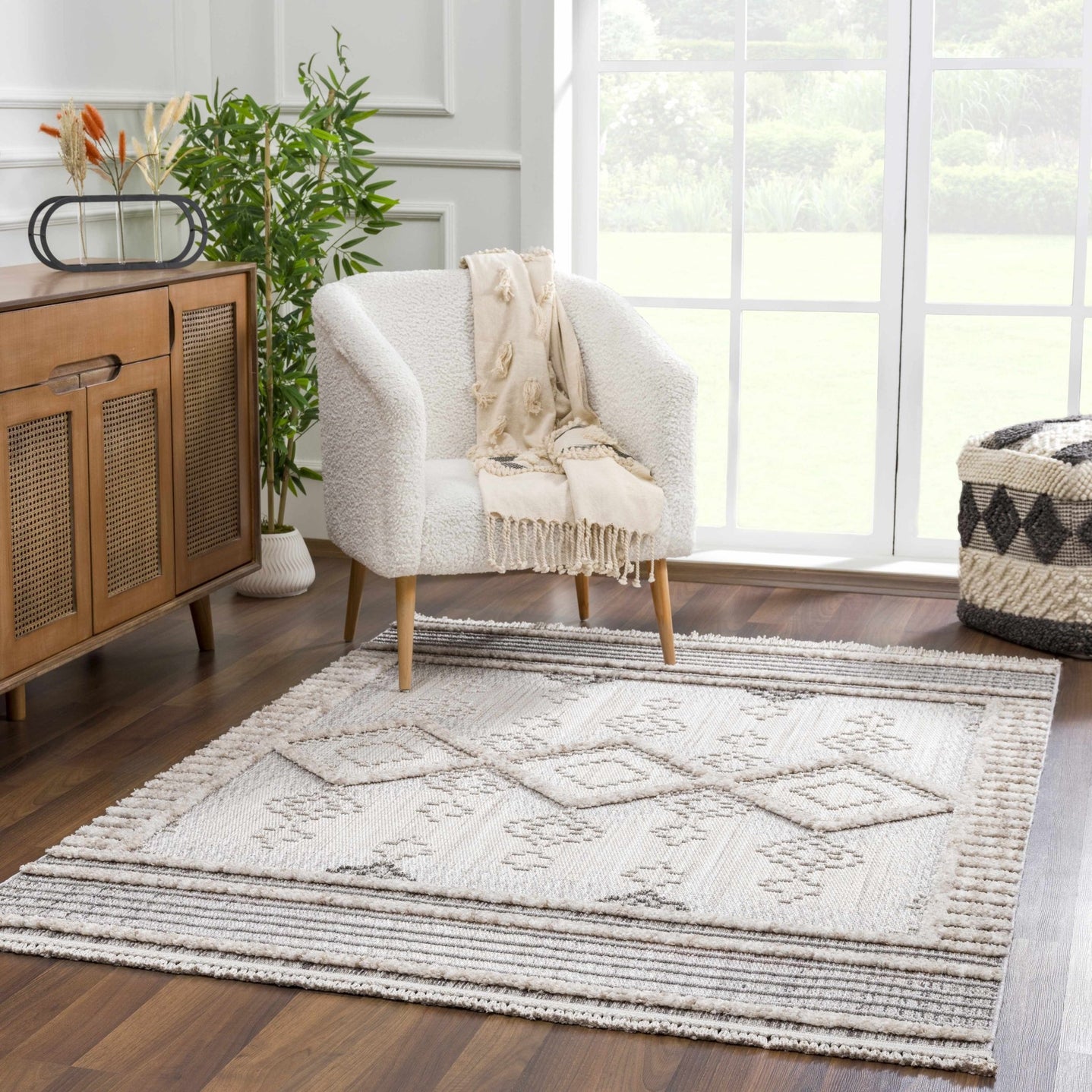 Ivory, Brown and charcoal Flatwoven Knit design Geometrical Carved Texture Area Rug - The Rug Decor