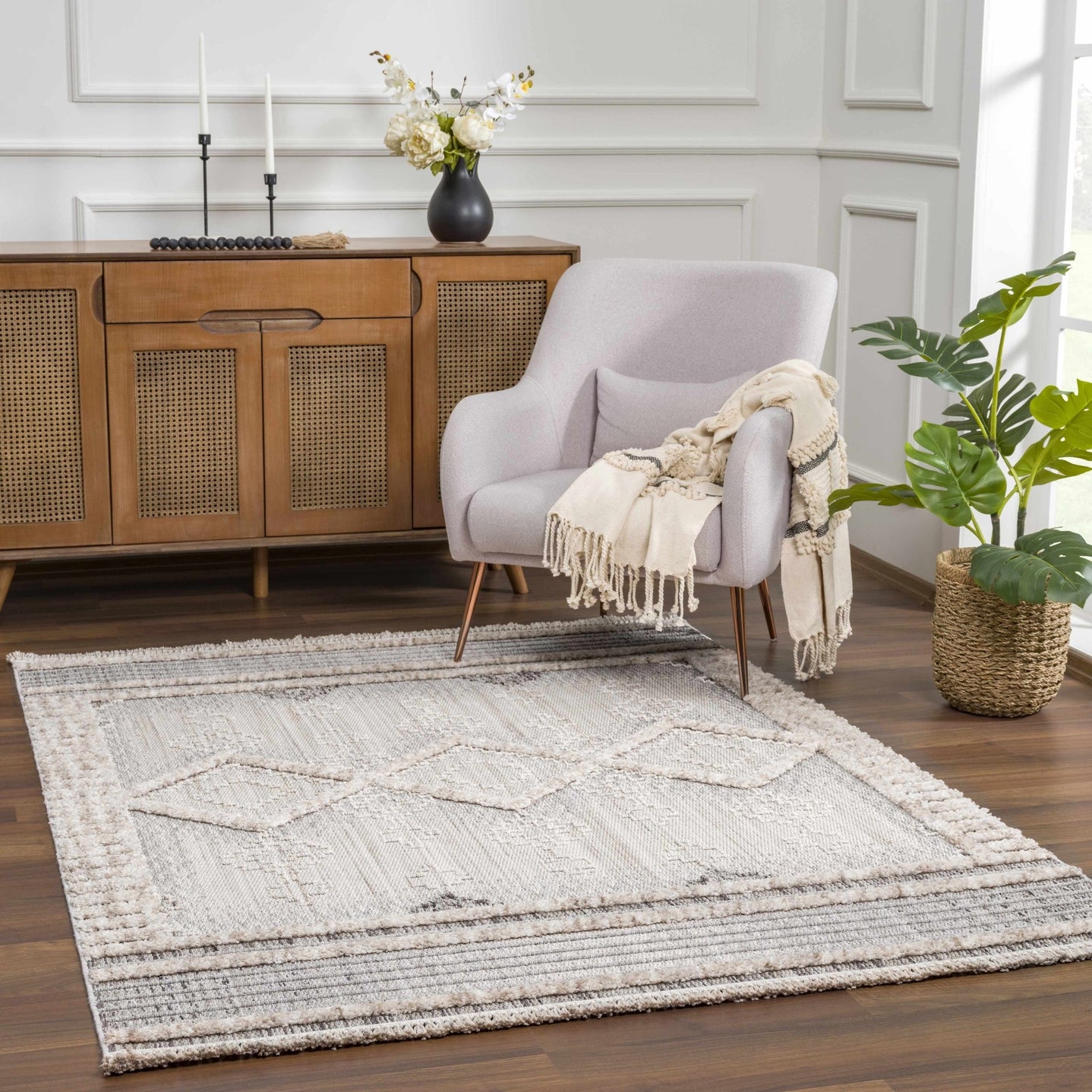 Ivory, Brown and charcoal Flatwoven Knit design Geometrical Carved Texture Area Rug - The Rug Decor