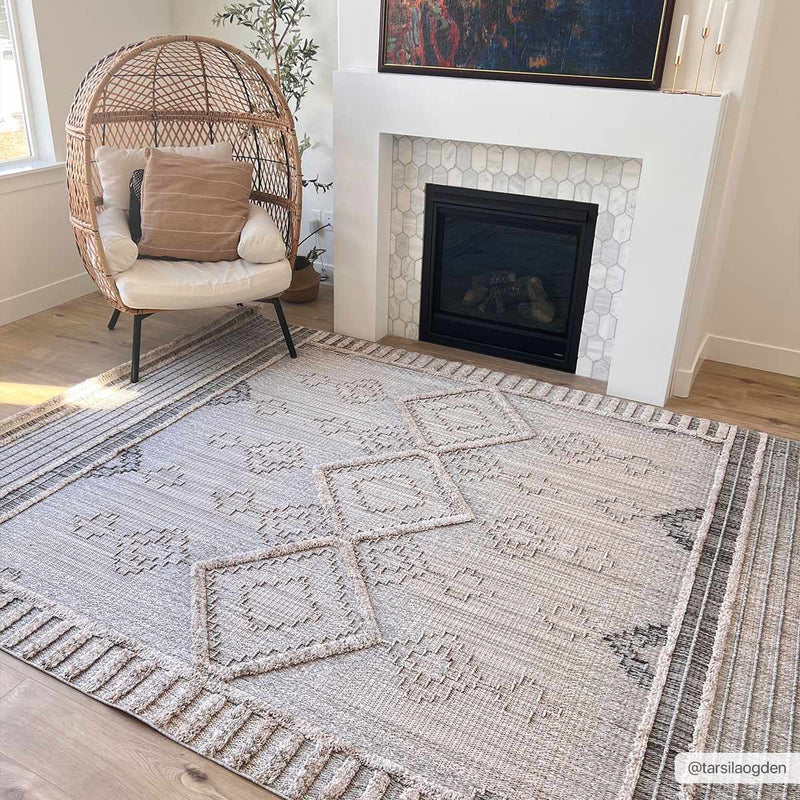 Ivory, Brown and charcoal Flatwoven Knit design Geometrical Carved Texture Area Rug - The Rug Decor
