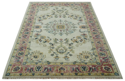 Ivory, Brown, Olive and Charcoal Traditional Heriz Medallion Custom Made Wool Area Rug - The Rug Decor