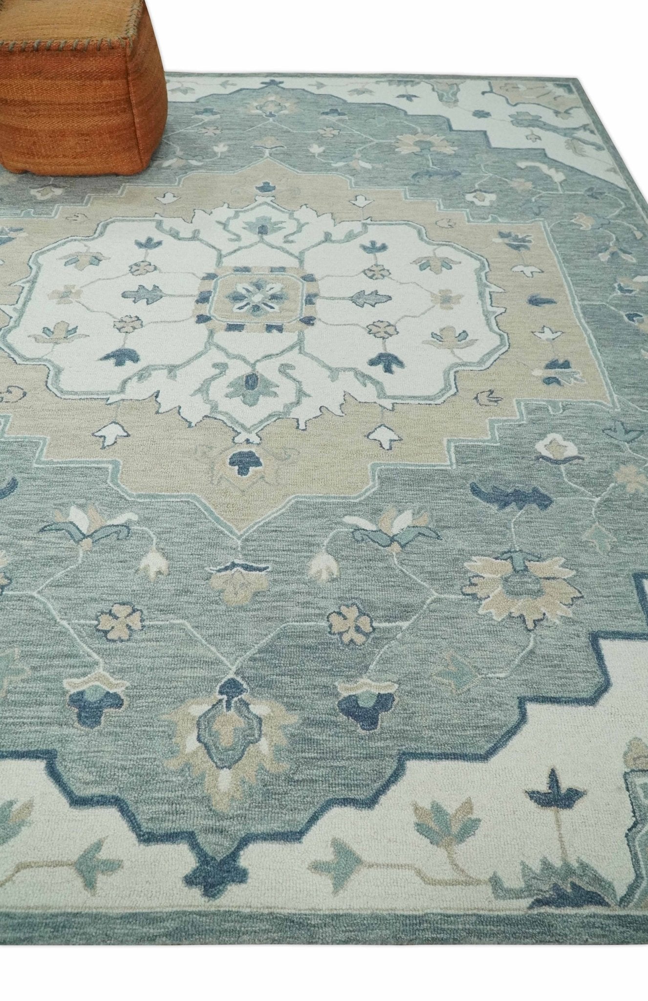 Ivory, Camel and Blue 3x5, 5x8, 6x9 and 8x10 Hand Tufted Medallion Wool Area Rug - The Rug Decor