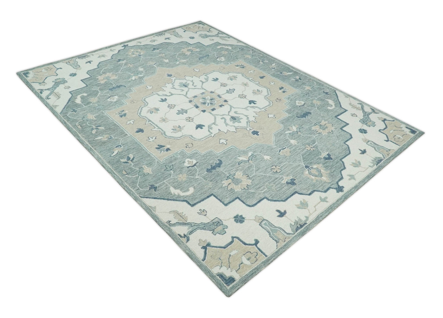 Ivory, Camel and Blue 3x5, 5x8, 6x9 and 8x10 Hand Tufted Medallion Wool Area Rug - The Rug Decor