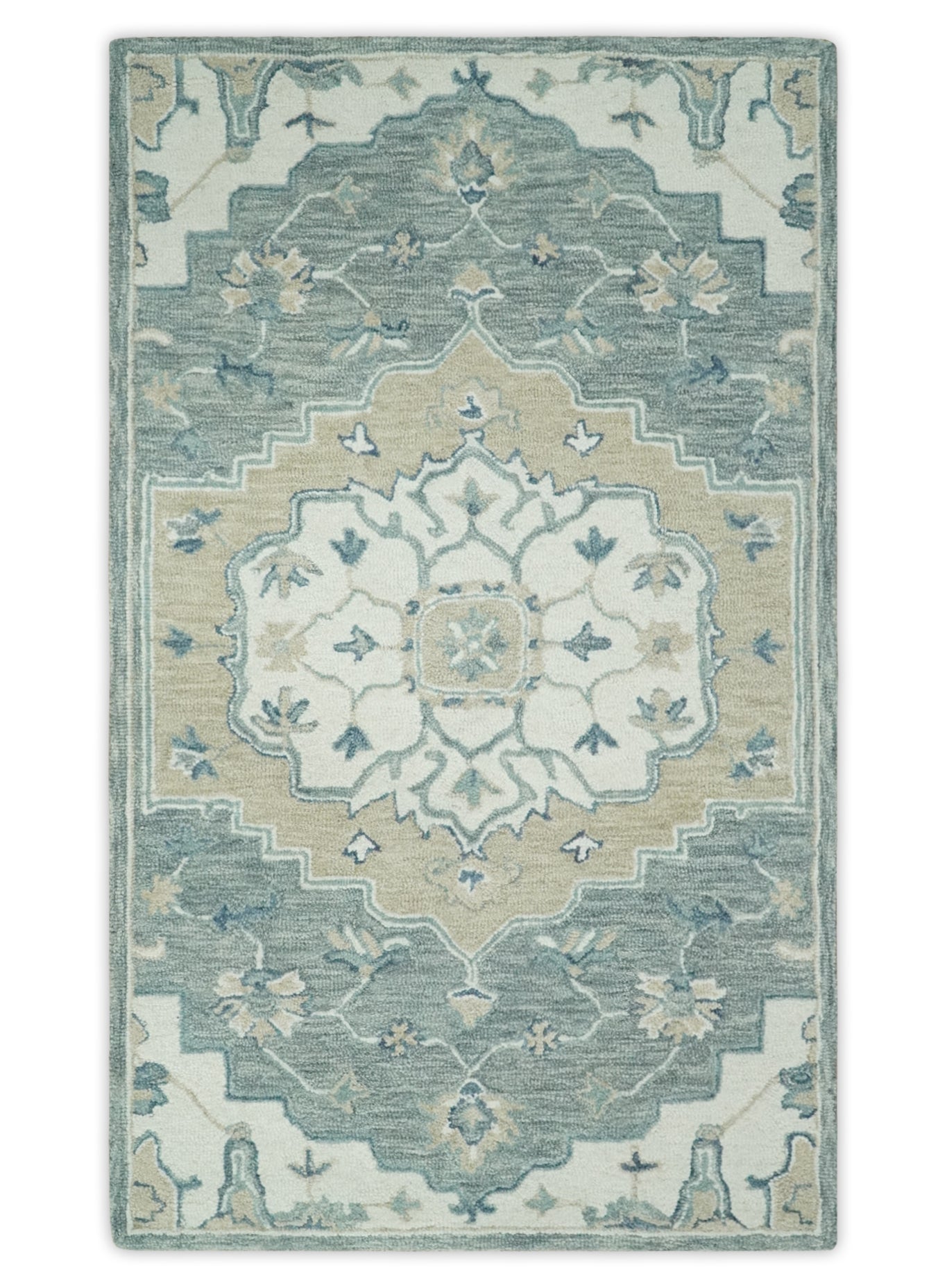 Ivory, Camel and Blue 3x5, 5x8, 6x9 and 8x10 Hand Tufted Medallion Wool Area Rug - The Rug Decor
