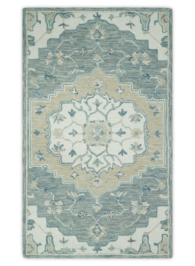 Ivory, Camel and Blue 3x5, 5x8, 6x9 and 8x10 Hand Tufted Medallion Wool Area Rug - The Rug Decor