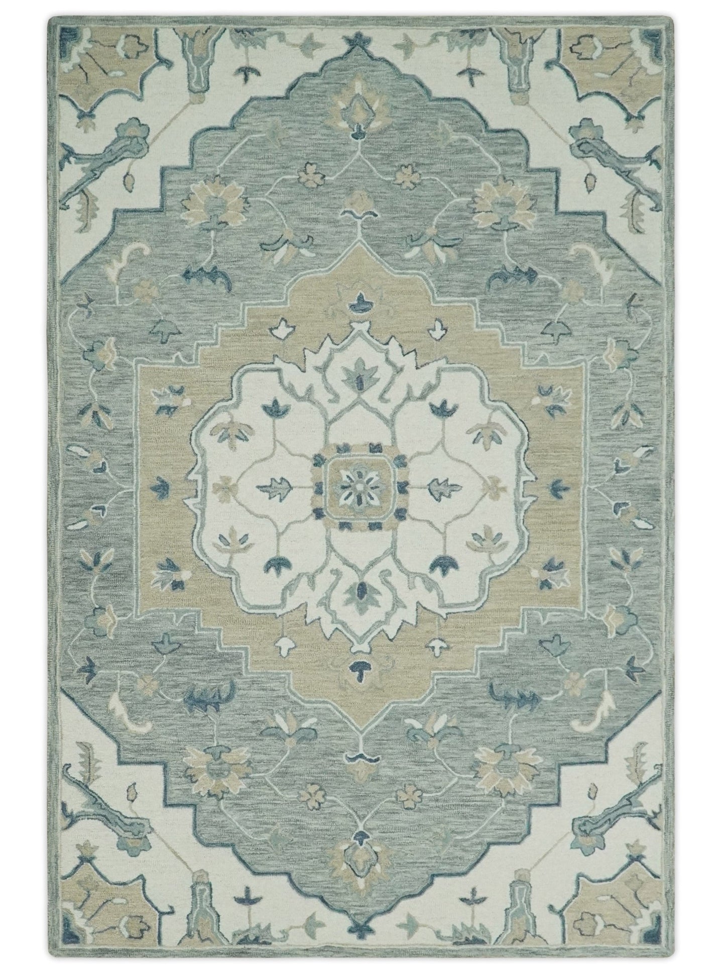 Ivory, Camel and Blue 3x5, 5x8, 6x9 and 8x10 Hand Tufted Medallion Wool Area Rug - The Rug Decor