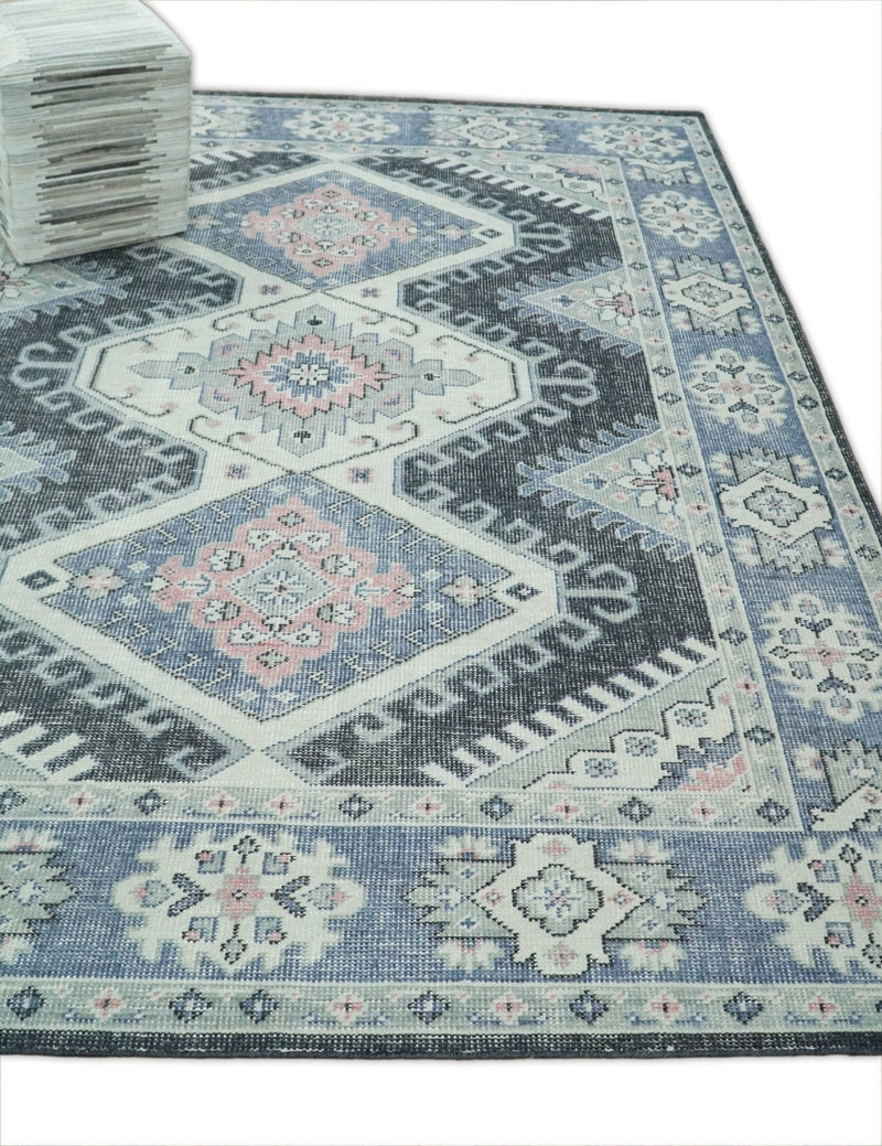 Ivory, Charcoal, Silver and Blue Traditional Hand knotted 8x10.5 wool Area Rug - The Rug Decor