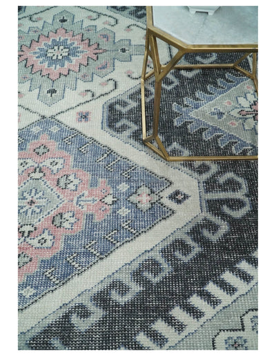 Ivory, Charcoal, Silver and Blue Traditional Hand knotted 8x10.5 wool Area Rug - The Rug Decor