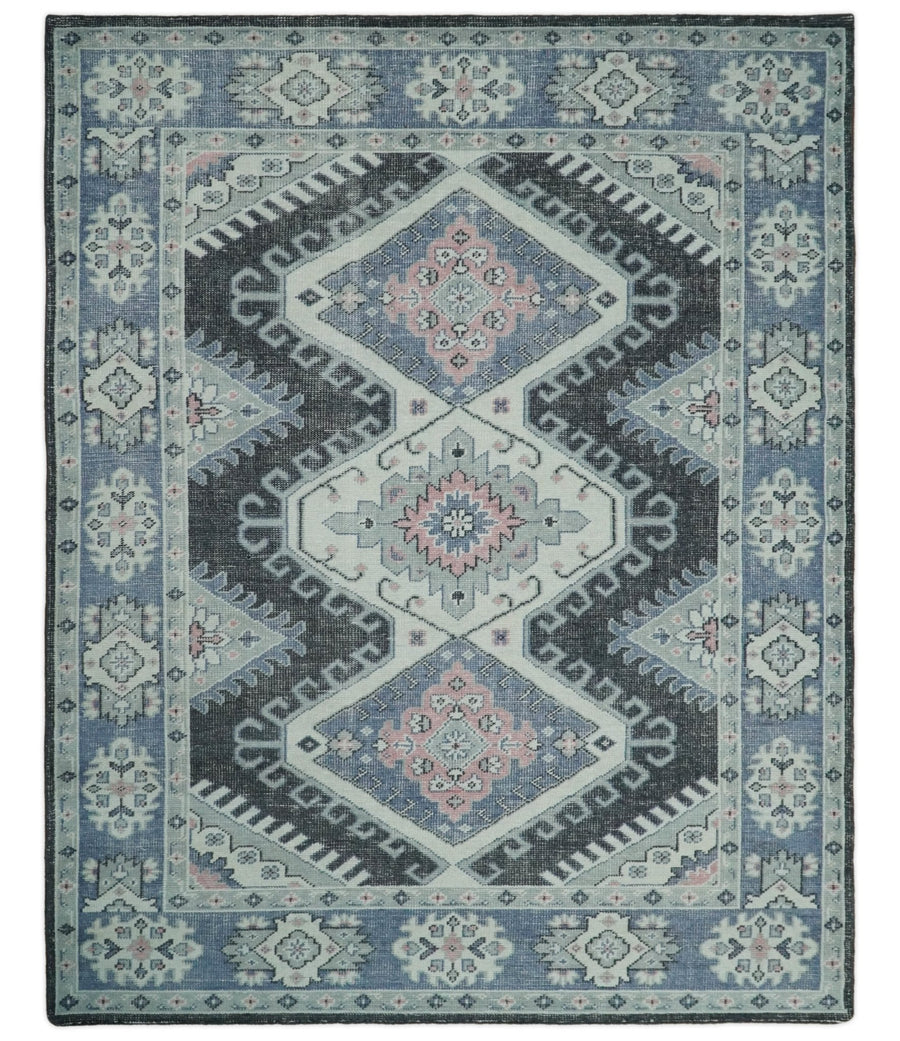 Ivory, Charcoal, Silver and Blue Traditional Hand knotted 8x10.5 wool Area Rug - The Rug Decor