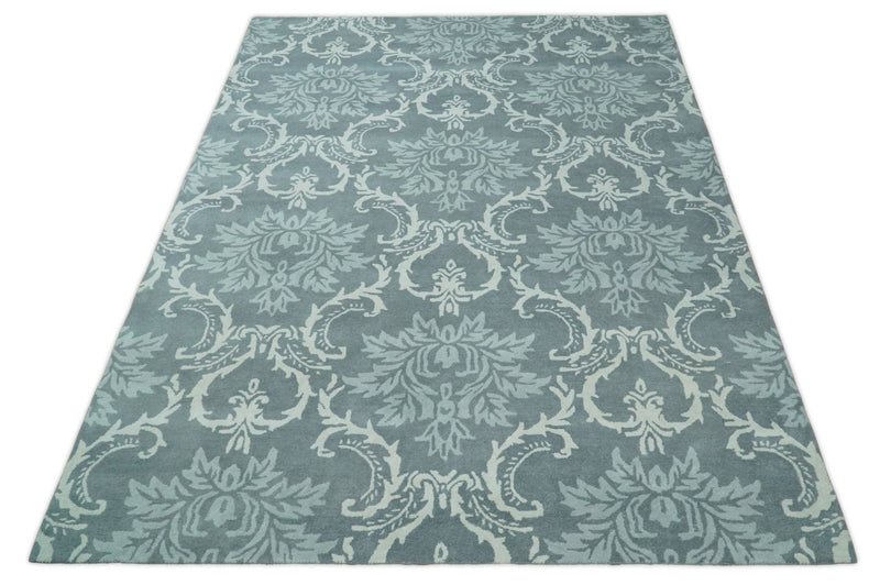 Ivory, Gray and Blue 5x8 and 8x11 Traditional Hand Tufted Ikat Design Wool Area Rug - The Rug Decor