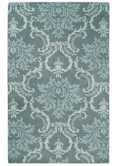 Ivory, Gray and Blue 5x8 and 8x11 Traditional Hand Tufted Ikat Design Wool Area Rug - The Rug Decor