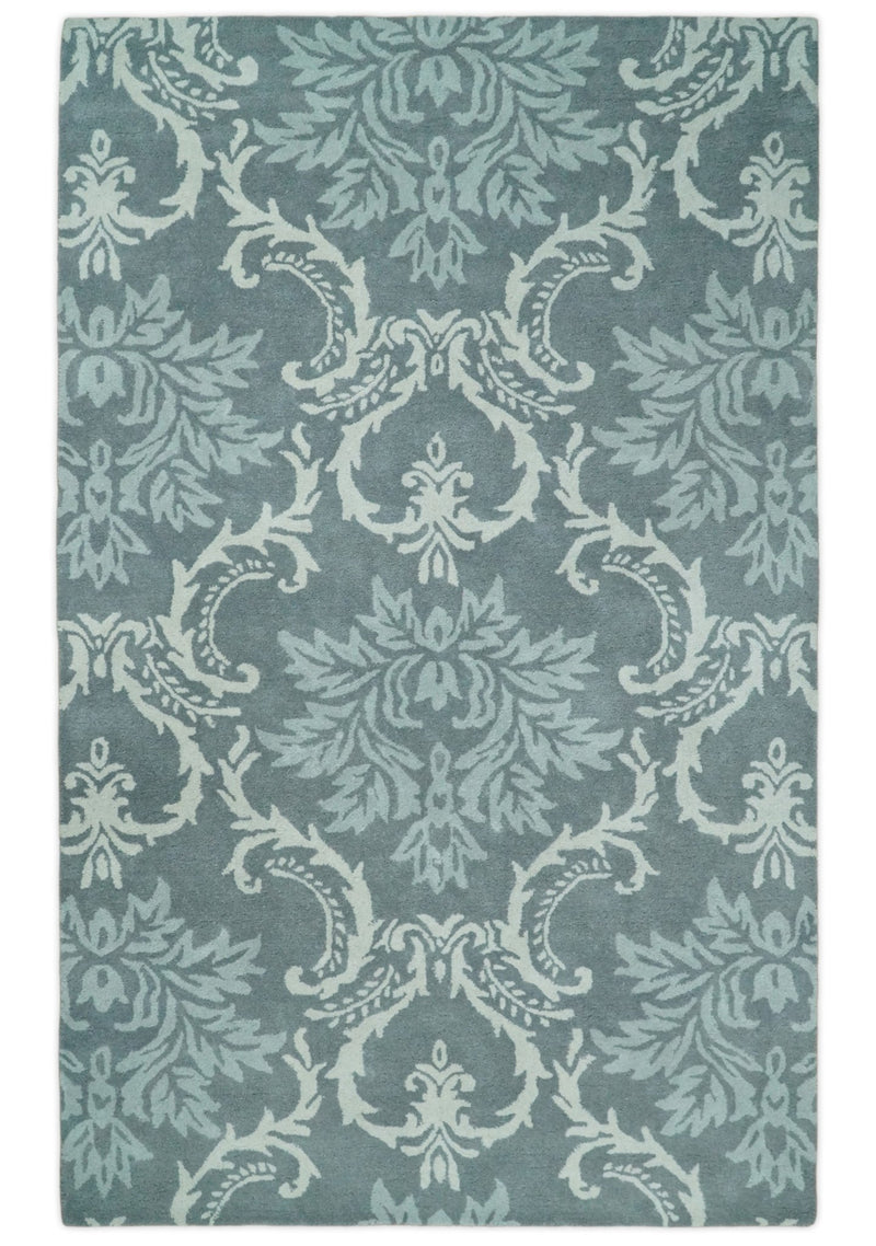 Ivory, Gray and Blue 5x8 and 8x11 Traditional Hand Tufted Ikat Design Wool Area Rug - The Rug Decor