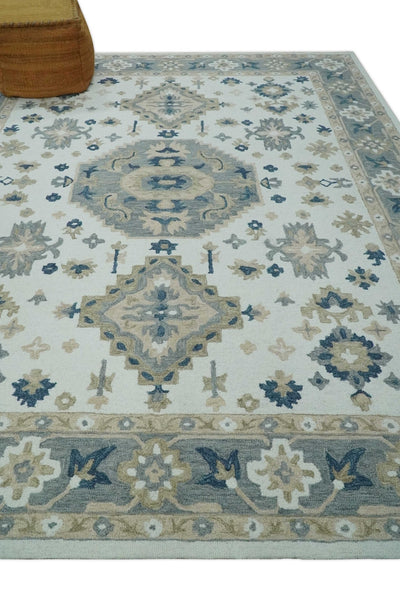 Ivory, Gray, Beige and Blue Traditional Medallion Multi Size Hand Tufted wool Area Rug - The Rug Decor