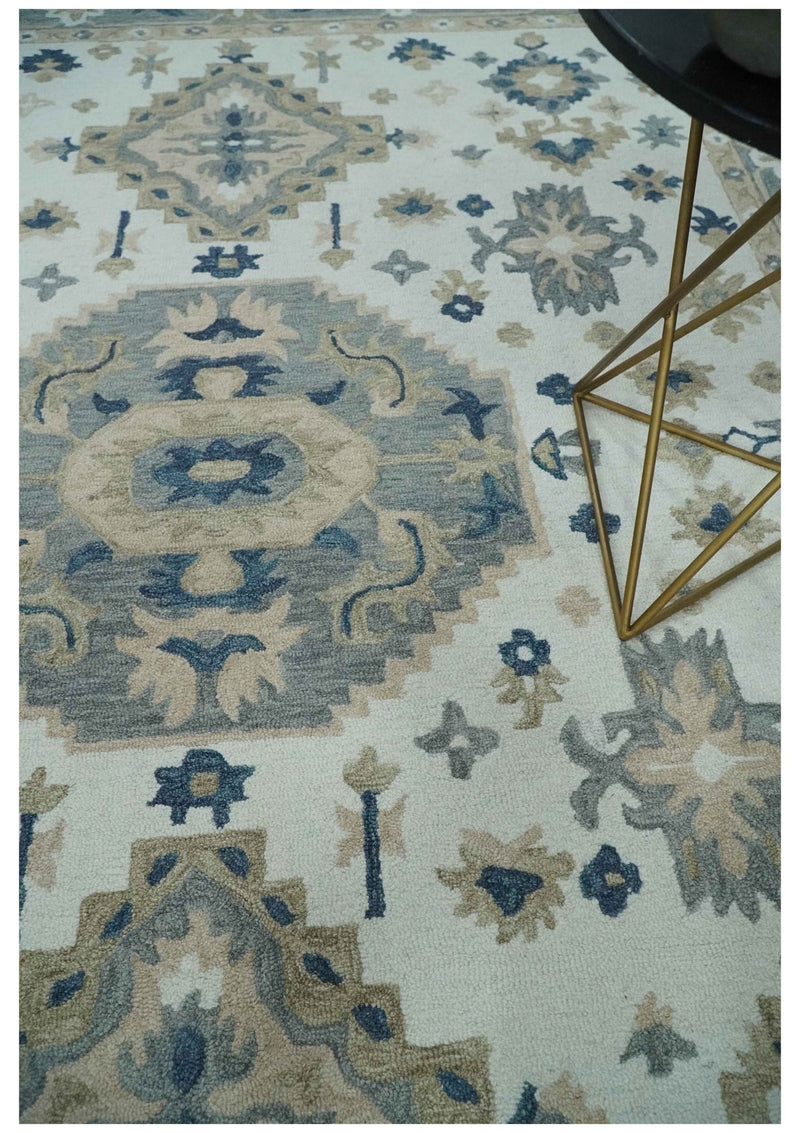 Ivory, Gray, Beige and Blue Traditional Medallion Multi Size Hand Tufted wool Area Rug - The Rug Decor