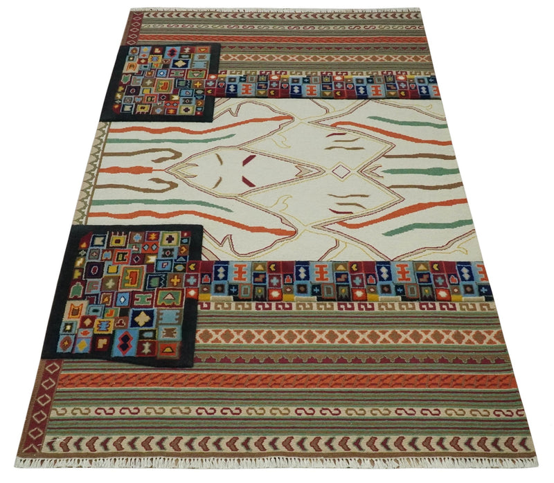 Ivory, Green and Rust 4.11x7.9 Traditional Tribal Pattern Hand Woven Soumak Dhurrie Wool Area Rug - The Rug Decor