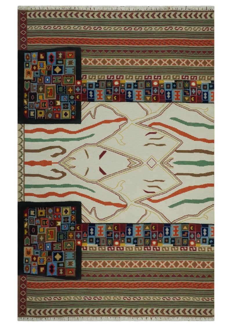 Ivory, Green and Rust 4.11x7.9 Traditional Tribal Pattern Hand Woven Soumak Dhurrie Wool Area Rug - The Rug Decor
