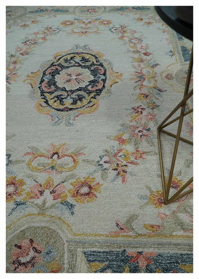 Ivory, Light Green and Charcoal Aubusson design Hand Tufted 8x10 wool Area Rug - The Rug Decor