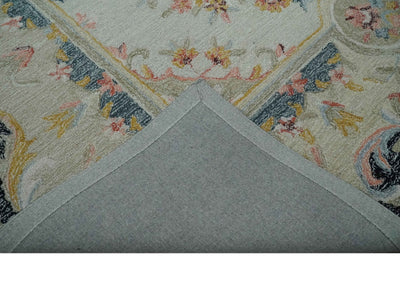 Ivory, Light Green and Charcoal Aubusson design Hand Tufted 8x10 wool Area Rug - The Rug Decor