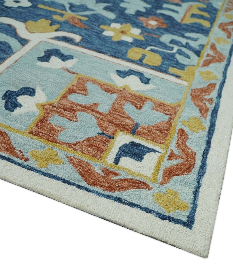 Ivory, Mustard, Blue and Rust Traditional Floral Medallion Hand Tufted wool Area Rug - The Rug Decor