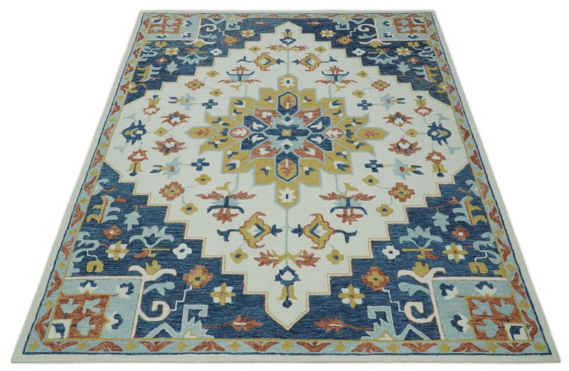 Ivory, Mustard, Blue and Rust Traditional Floral Medallion Hand Tufted wool Area Rug - The Rug Decor