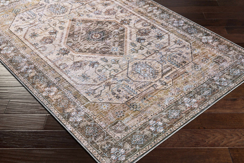 Ivory, Olive and Brown Vintage Style Traditional Floral washable Area Rug - The Rug Decor
