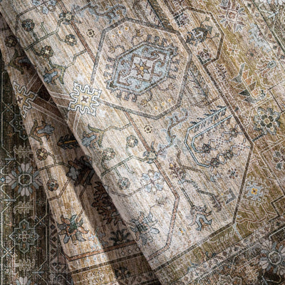 Ivory, Olive and Brown Vintage Style Traditional Floral washable Area Rug - The Rug Decor